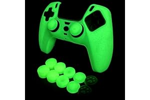 HLRAO Cover protettiva antiscivolo in silicone verde glitterato che si illumina al buio, compatibile con controller PS5/Slim/Pro, 8 tappi per pollice glitterati e 2 tappi.