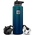 Insulated Water Bottle with Straw Lid Wide - 1.2L (3 Lids) - Double-Walled Stainless Steel Metal Leakproof Travel Sports Gym Camping Hydration Flask