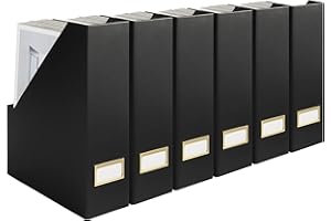 Keep your Space Organized - Set of 6 Black Foldable Magazine File Boxes with Gold Label Holders - Perfect Magazine Holder, Vertical File Folder Organizer, and Book and Binder Storage by Blu Monaco