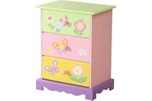 WODENY Kids Bedside Table 3 Layers Girls Chest of Drawers for Bedroom | Children Storage Cabinets Bedside Cupboard Wooden Drawers with Butterfly Flowers Paintings Multicolor