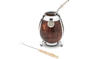 Balibetov - Nouveau - Ensemble de Maté Naturel de Calebasse (Tasse à Maté - Mate Gourde) Fabriqué à la Main, Avec des Détails d'Alpaga - Avec Bombilla (Sorbet) Pour Boire le Maté de Yerba. (MARRON)