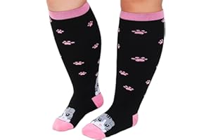 PUTUO Bas de Contention Grande Taille: Chaussettes de Contention Gros Mollet Femmes Chaussettes de Compression Classe 2 pour Sportive Cyclisme Voyage Avion Motif Chat 1 Paire