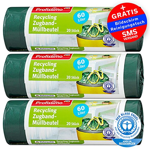 Öko Müllbeutel mit Zugband - 60 Liter (60 Stück) - Extrem Reißfest & Flüssigkeitsdicht - 3er Pack (3x20 Stück) - "Blauer Engel" Zertifikat