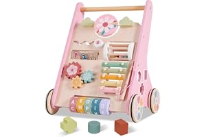 Pink Montessori Walker av trä, Baby Walker-leksak med justerbar hastighet