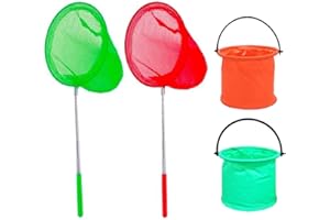 THT DWTECH 2 Pack Kids Telescopic Butterfly Net Fishing Net Pond Net Extendable (14.5 to 33.8 Inches)+2 Pack Folding Bucketfor Kids Catching Bugs Insect Small Fish Outdoor Beach Garden Activities