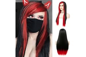 ‎SIUDUS Siudus Frauen Rot und Schwarz Lange Perücke Gerade Seitenteil Gothic Hair Perücke Hitzebeständige Faserperücke für Cosplay Halloween Gebrauch