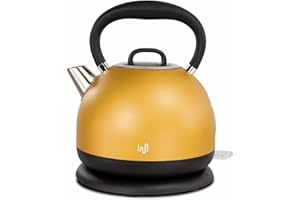 ‎IMPOLIO Impolio Retro Edelstahl Wasserkocher | max. Füllmenge 1,7 L | Teekessel 2200 Watt | Trockenlaufschutz | austauschbarer Kalkfilter | mit automatischer Abschaltung (gold) GS und TÜV geprüft