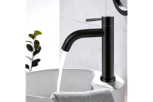 KAMANAN Grifo de lavabo, grifo de lavabo de acero inoxidable negro grifo de baño núcleo de válvula de cerámica Grifo Baño con manguera de conexión (B, Agua Fría)