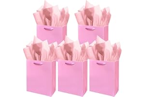 Gcardist Pink Gift Bags with Tissue Paper for Wedding, Birthday, Party Supplies-20x11x24cm Medium Size Cardboard Gift Bags（8x4.3x10Inch,5pcs Bags +15pcs Tissue Paper ）