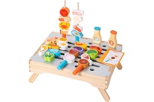 XWUX Set per barbecue in legno per bambini,set da 34 pezzi,con barbecue, carne, verdure, pesce, marshmallow e accessori, Giocattolo di Imitazione Cucina e Servizio da Tavola per Bambini