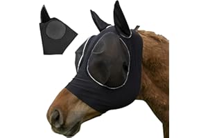 FLOTRUTE Masques Anti-Mouches d'équitation Horse Fly Mask, Masque Anti-Mouches Protection Anti-UV avec Oreilles, Respirant(noir)