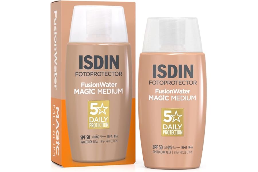 ISDIN Fusion Water Magic Color SPF 50, Protector solar facial de uso diario ultraligero con color, 3 tonos disponibles, 50ml