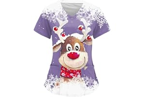 OUMSHBI Weihnachts Kasack Damen Altenpflege V-Neck Kurzarm Weihnachts Elch Drucken Medizin Damen Krankenschwester Mit Taschen Bequeme Laborkittel Frauen Schlupfhemd Schlupfkasack Pflege Baumwolle