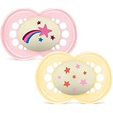 MAM Original Baby Pacifier + 6 Months, Night, Bright Pink, 2 pcs | Glow in the Dark with Symmetrical, Flat and Flexible Skin