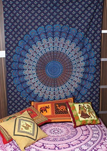 Kesrie Mandala Tapestries - Hippie Wall Hanging Bohemian Art Decor Indian Cotton Printed Bed Throw - 140x210 cms