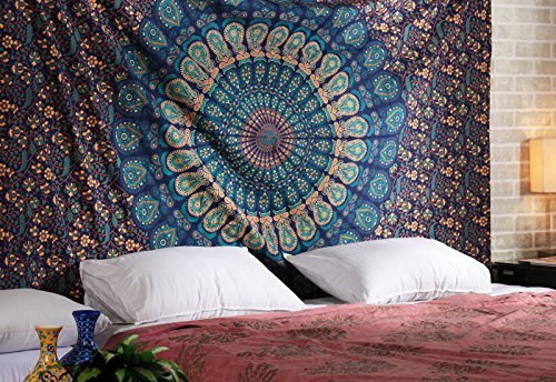 Deko Wandteppich Pfau Indien Baumwolle Mandala Tapestry Türkis Grün Wandbehang Tapisserie Gedruckt Blumen Von Rajrang