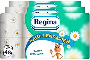 ‎REGINA Regina Kamillenpapier 3-lagiges Toilettenpapier, 48 Rollen-Packung (3 x 16 Einzelpackungen), 150 Blatt pro Rolle, Sanft und zuverlässig, Mit einem Hauch von Kamille, FSC-zertifiziertes Papier