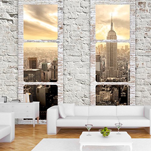 Fototapete Fenster nach New York 350x245 cm - VLIES TAPETE PREMIUM - PROFI QUALITÄT - Top moderne Wanddeko - Riesen Wandbild - Top Design Tapete - Neue exklusive Edition mit noch besser Druckauflösung - Deutsches Premium Vlies - New York Stadt City Skyline View Manhattan Himmel Fenster Steine Ziegel USA c-A-0066-a-b