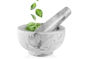 Flexzion Marble Mortar and Pestle Set - Solid Marble Stone Grinder Bowl Holder for Guacamole, Herbs, Spices, Garlic, Kitchen, Cooking, Medicine