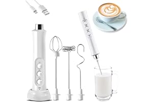 YEAHTOP Espumador de Leche Eléctrico de Mano Moderno con 3 Velocidades, Incluye 3 Cabezales, Mini Batidora Blanca Recargable 