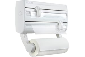 Leifheit Parat F2 ComfortLine Portarotoli per 3 rotoli, Taglia rotoli con ripiano portaspezie, Portarotolo cucina carta, pellicola, alluminio, bianco