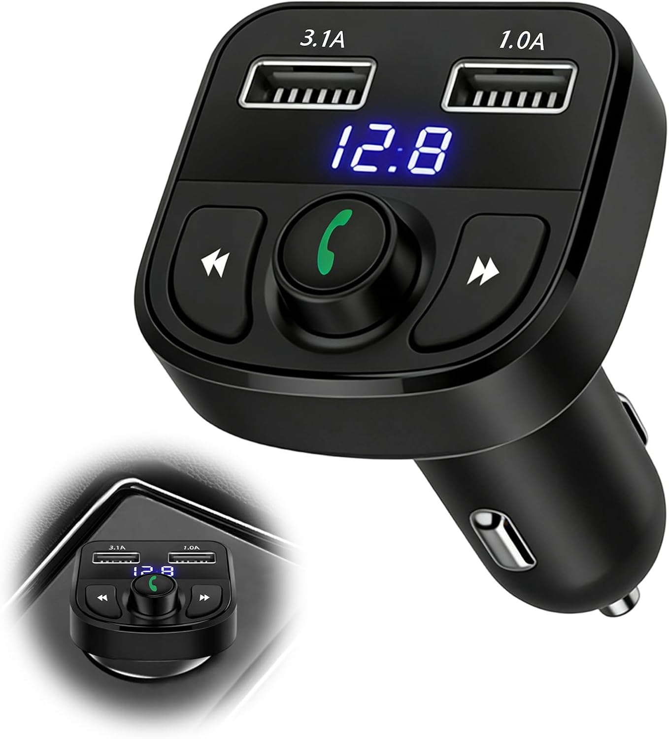 Transmisor FM Bluetooth Coche, Adaptador Coche MP3, Manos Libres Bluetooth con 2 USB, Llamadas Manos Libres, Soporte Unidad Flash USB y Tarjeta TF