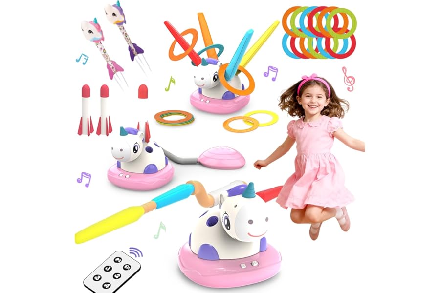 3 in 1 Kids Toys with Musical Jump, Toss Ring Game Toys, Stomping Launch Rocket Launcher, Children's Sports Outdoor & Indoor Toys (unicorn)