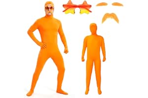 Unisex karnevalsdräkt orange helkroppsdräkt med skägg och stjärnglasögon | Slenderman Open Face Cosplay jumpsuit, grön screen-kostym, för halloween, karneval, maskerad