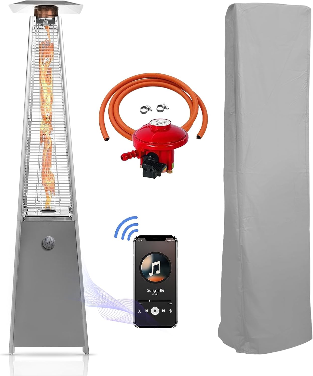 BU-KO Outdoor Patio Gas Heater | Garden, Camp, BBQ Parties | Stainless Steel Pyramid Style 13kw Propane Burner | Portable Wheels, Regulator & Hose | LPG Warm Heating Fire & Water Proof Cover Included