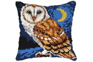 ROCKY&CHAO Night Owl Latch Hook Cushion Kits for Adults - 17X17Inch, Latch Hook Pillow Case Kits Embroidery Kits 17X17Inch, DIY Needlework Pillow Cover Cushion Rug Making Kit, DIY Craft Kits for Women