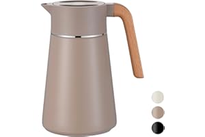 VETIN 1,5L Thermoskanne mit Teesieb, Teekanne mit Siebeinsatz Thermo, Kaffeekanne Thermo 304 Edelstahl Doppelwandige Vakuumisolierung, Isolierkanne mit Holzoptik Griff, 10h Hitze / 16h Kälte (Khaki)