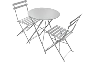 Rammento Powder-Coated Steel Garden Bistro Set for 2, Matte Grey | 60cm ⌀ x 70cm H Metal Table & 2 Chairs for Garden, 3 Piece Patio Furniture Set | Outdoor Garden Dining Furniture, 3 Piece Patio Set