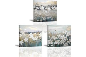 Piy Painting 3 pieces Oil Painting of Flower Print on Canvas, Gold Flowers Canvas Painting Floral Canvas Wall Art for Living room with Inner Wood Frame Ready to hang (12x12in)