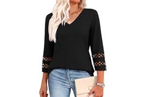 Aokosor Womens Tops 3/4 Length Sleeve Blouses Ladies V Neck T Shirts for Women UK Loose Casual Fit