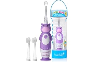 ‎BRUSH-BABY Brush-Baby – Wiederaufladbare Elektrische Kinderzahnbürste, 0–10 Jahre – WildOnes, Nilpferd-Design mit Blinklichtern – DeepClean-Borsten für Gründliche Reinigung – 2 Ersatzköpfe & 1 USB-Kabel