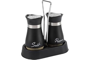 HZPZPP Salt and Pepper Sets,Salt and Pepper Shakers Sets with Holder,Set of 2 Stainless Steel and Glass Bottle Stainless Steel,Salt Shaker Dispenser for Cooking, BBQ (Black)