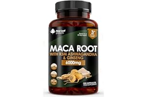 NEW LEAF PRODUCTS Maca Root Capsules with KSM Ashwagandha and Ginseng - 180 High Strength 6000mg Maca Root + Ashwagandha KSM-66, Panax Ginseng & Black Pepper - Vegan Capsules Made in The UK