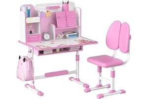 RRXIMHTT Kinder-Funktions-Schreibtisch-Stuhl-Set, höhenverstellbarer Kinder-Schul-Schreibtisch mit Burglehne, erweitertem Schreib, Buchständer und Speicherschublade (PINK-G)