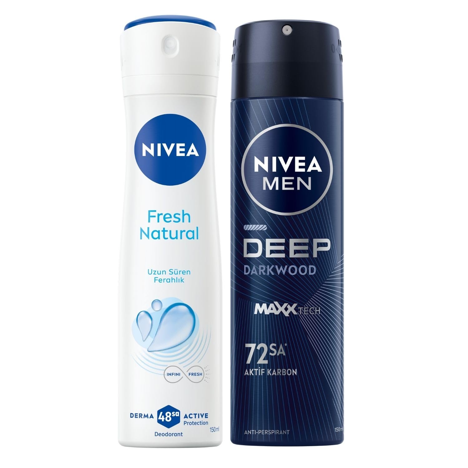 NIVEA Kadın Sprey Deodorant Fresh Natural 150 ml + NIVEA MEN Erkek Sprey Deodorant Deep Dimension Darkwood 150ml