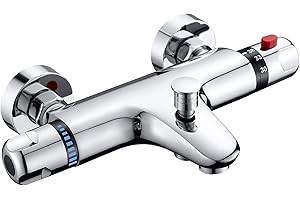 ROWINNAO Mitigeur Thermostatique Douche/Bain, Mitigeur Baignoire Thermostatique en Laiton avec Bouton de Sécurité à 38℃, Mural Robinet de Douche avec 2 Sorties d'eau, Entraxe 150mm, Chromé