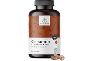 HealthyWorld® Cannella con Cromo e Zinco - 240 Capsule Vegetali - Vegetariano - Dose Elevata - Fornitura per 4 mesi - Qualità Premium - Tre Principi Attivi - Gestione degli Zuccheri nel Sangue