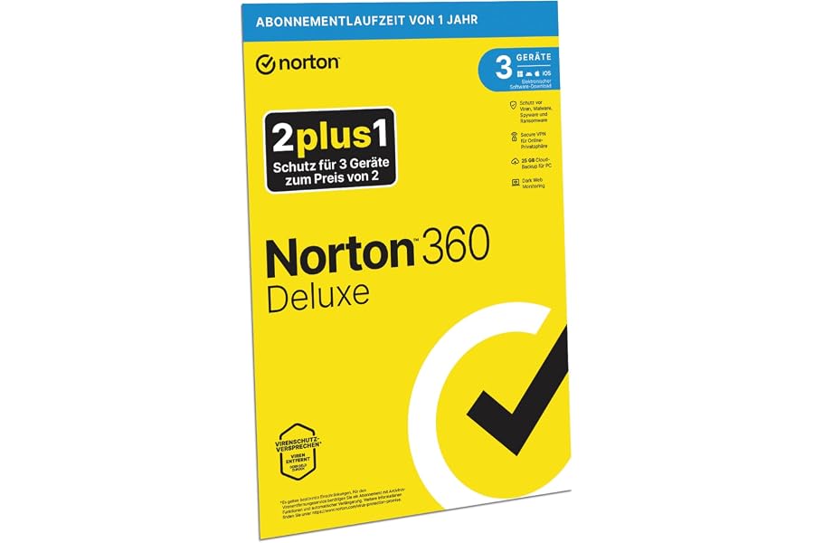 Norton 360 Deluxe 2025 2+1 | 3 Geräte | 1 Jahr | Aktivierungscode in Originalverpackung