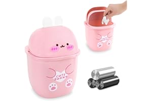 QLFJ-FurDec Small Wastebasket Bin with Lid, Pink Cute Kawaii Office Desk Bins and 3 Rolls Bin Liners, Cartoon Rabbit Tea Bag Dustbin 25 * 16.4 * 16.4cm for Home,Vanity Tabletop, Bedroom(Rabbit-Pink)