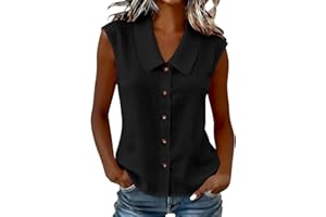 Chemisier Femme Chic et Élégant, Chemisiers et Blouses Femme D'Été sans Manches Coupe Fluide Respirant Col en Revers Bouton Lâche Respirant Couleur Unie Décontracté Tunique Tops pour Tenues Estivale