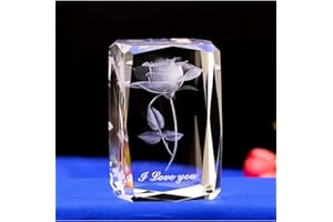 E-isata 3D Laser Crystal Rose Flower Engrave I Love You Keepsake Paperweight Ornaments for Anniversary Wedding Souvenirs Christmas Birthday Valentines Wedding Gift