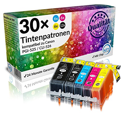 N.T.T.® - 30 STÜCK (6 x SETS) XL Druckerpatronen Tintenpatronen Tinte für Canon PIXMA IP 4850 IP 4950 IX 6550 MG 5150 MG 5250 MG 5340 MG 5350 MG 6150 MG 6250 MG 8150 MG 5100 MG 5200 MG 5300 MG 6120 MG 8120 MG 8240 MG 8250 MX 885 MX 895 PGI-525BK / CLI-526C / CLI-526M / CLI-526Y und CLI-526BK 100% Qualität MIT CHIP ***SPARSET***