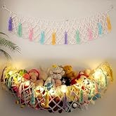 Urooz Macrame Stuffed Animal Net Hammock Jumbo Large | Corner Hanging Net, Plush Hammock Net, With Star Lights, For Boho Kids