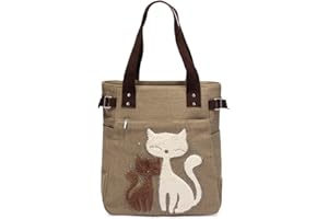 ShopINess Borsa Tote in Tela con Gatti Ricamati Multitasche con Cerniera Pratica Borsa a Spalla da Donna (Marrone)