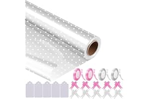 Spurly Clear White Dot Cellophane Wrap for Hampers 40cm x 30m Florist Cellophane Wrap Roll, Gift Wrappings for Flower Bouquet, Crafts, Easter Baskets - 10 Pull Bows, 4 Ribbons, and 5 Gift Tags