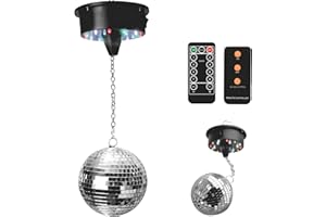 GOMETY Bola de discoteca de 12 cm con motor y LED, bola de espejos giratoria con 18 perlas LED, alimentada por batería, bola de discoteca con anilla metálica, decoración de bola de discoteca para fiestas